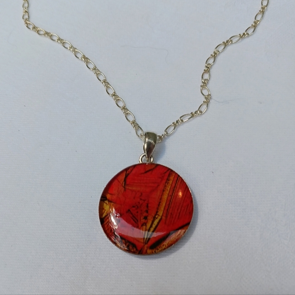 Sterling Silver Pendant, Delicate 16" chain, brilliant red/orange pendant